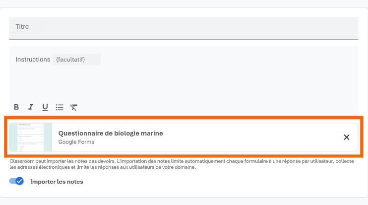 Capture d'écran de Google Classroom avec un cadre orange entourant le questionnaire Google Form joint