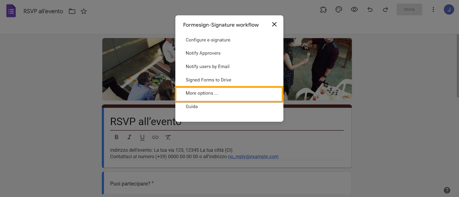Uno screenshot del menu del componente aggiuntivo Signature Workflow