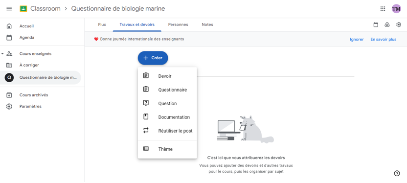 Capture d'écran de Google Classroom avec le menu + Créer ouvert