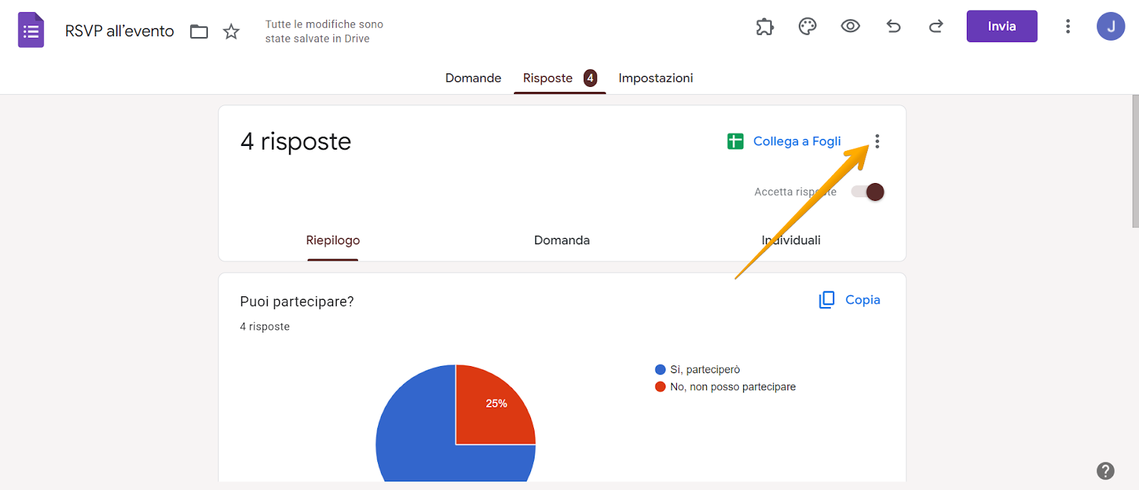Uno screenshot che mostra un modulo RSVP in Moduli Google