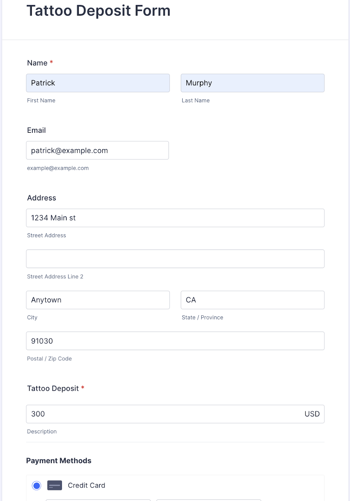 A submitted Tattoo Deposit Form