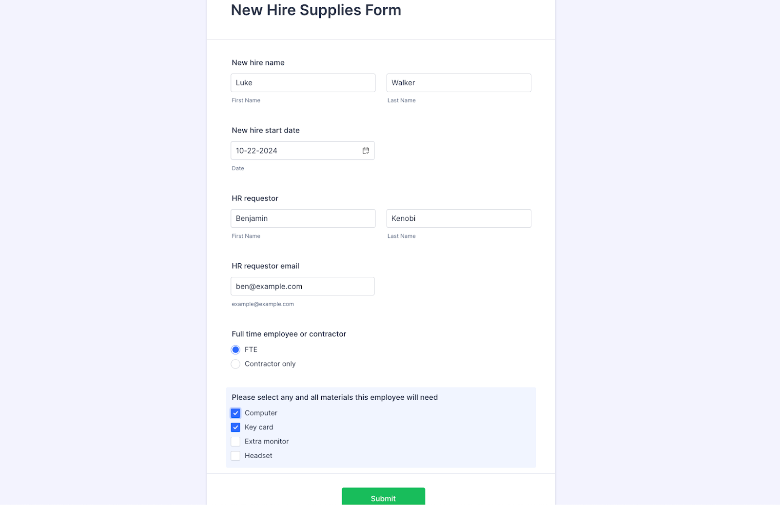A submitted New Hire Supplies Form