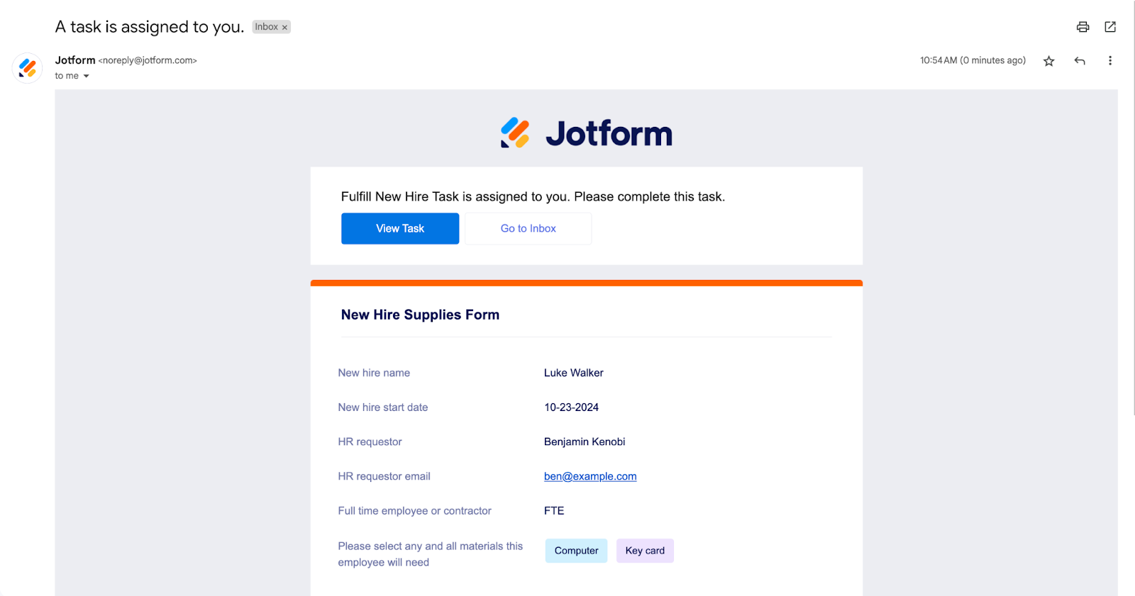 Screenshot of the Email Sent for New Hire Workflow