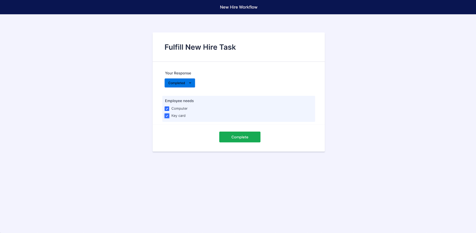 Filling out the Fulfill New Hire Task form and Clicking on Complete