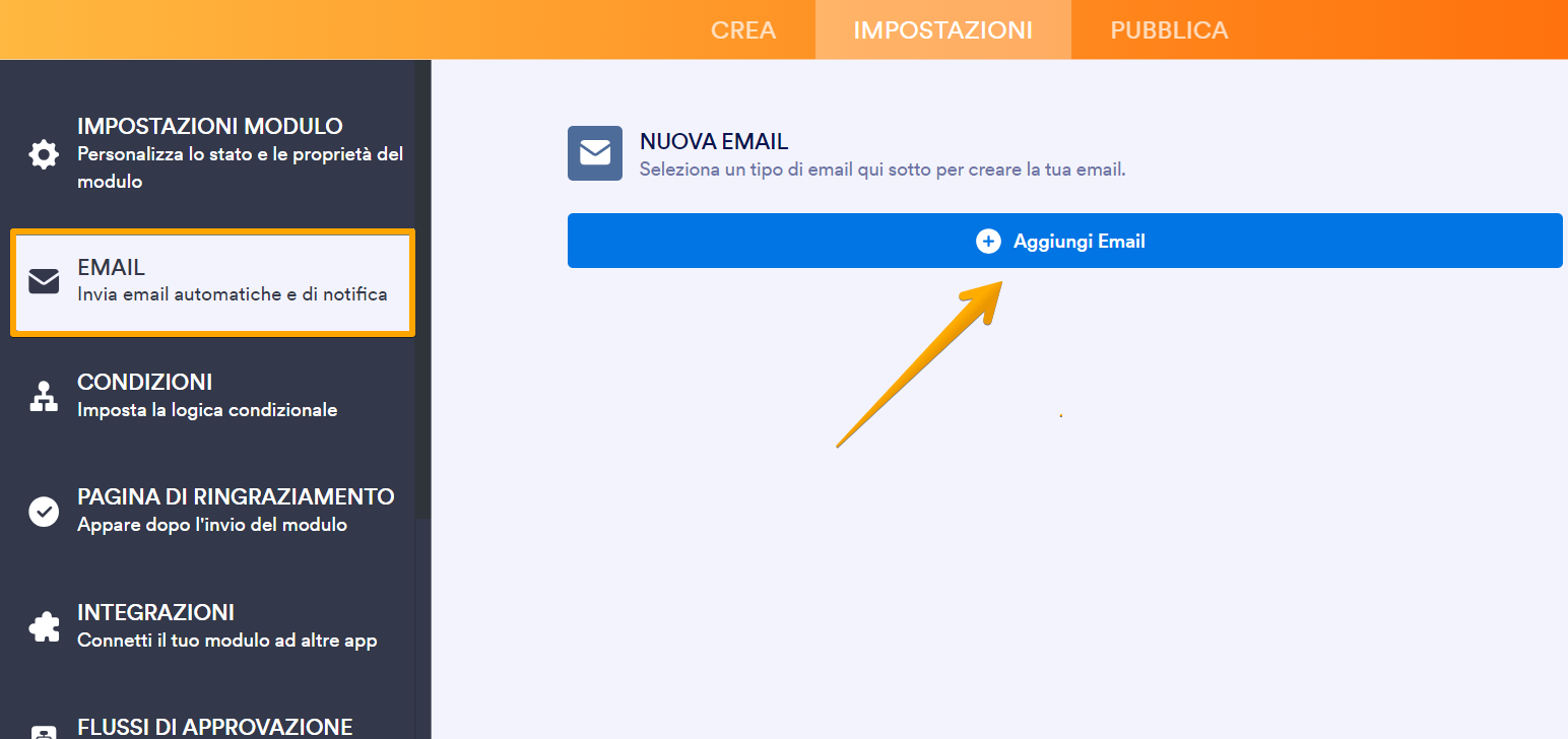Uno screenshot del menu delle impostazioni del modulo di Jotform