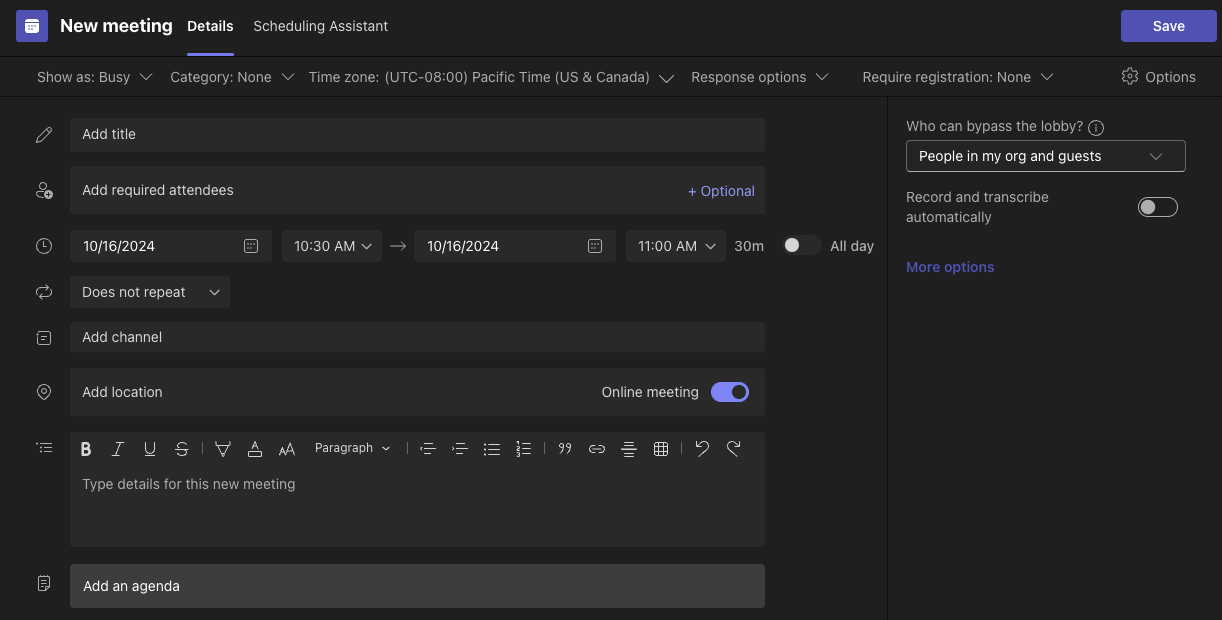 Viewing the Details Tab on New Meeting Window on Microsoft Teams