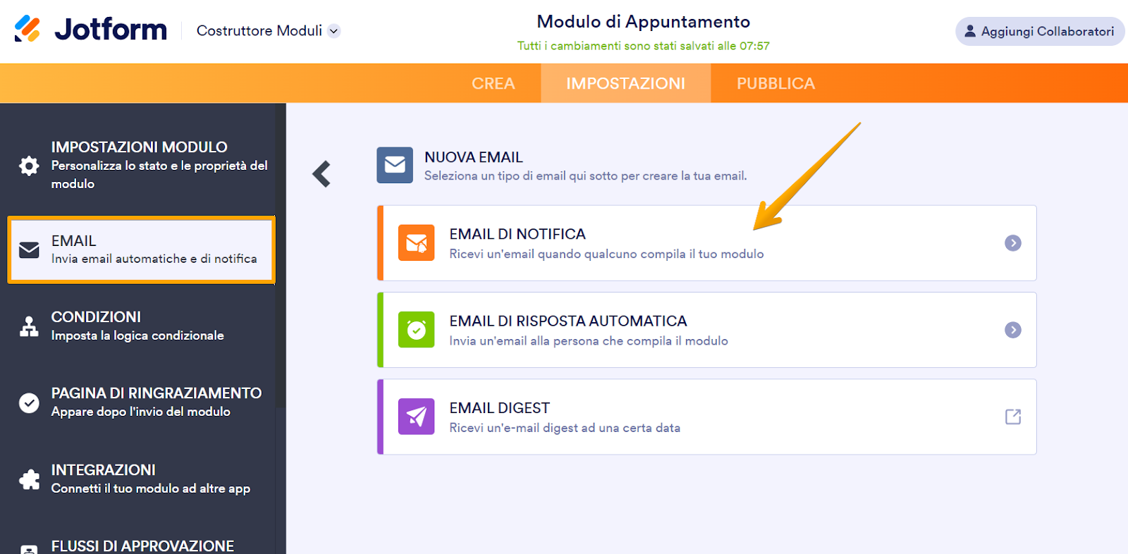 Uno screenshot del menu delle impostazioni del modulo di Jotform