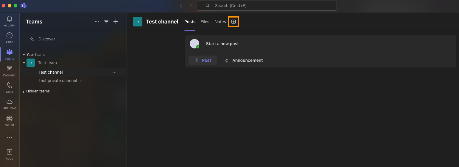 Clicking on the plus-icon to Add Tab to the Channel