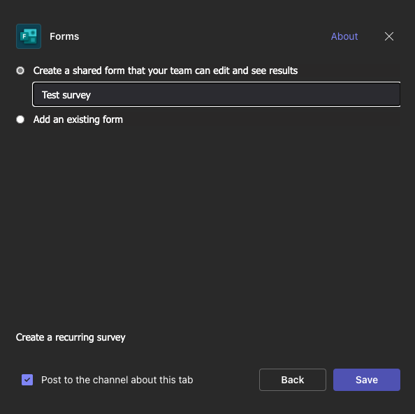 Selecting Create a shared form that your team can edit and see results, Naming the Form and Clicking on Save