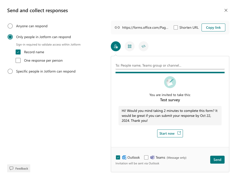 Send and Collect Responses Options of Test Survey