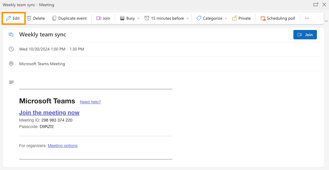 Screenshot of an Outlook calendar meeting with the Edit button highlighted