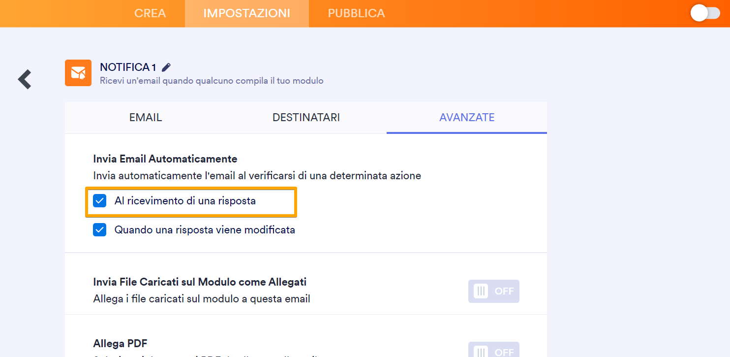 Uno screenshot del menu delle impostazioni delle email di notifica di Jotform