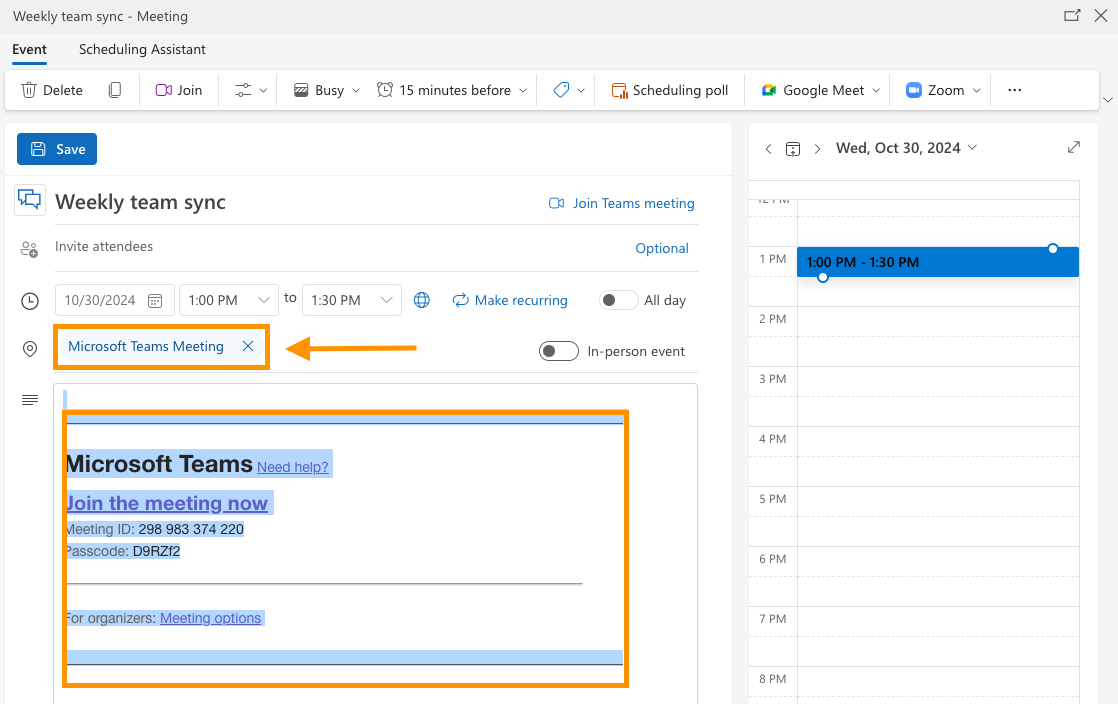 Screenshot of an Outlook calendar meeting with the Microsoft Teams meeting location and call-in details highlighted