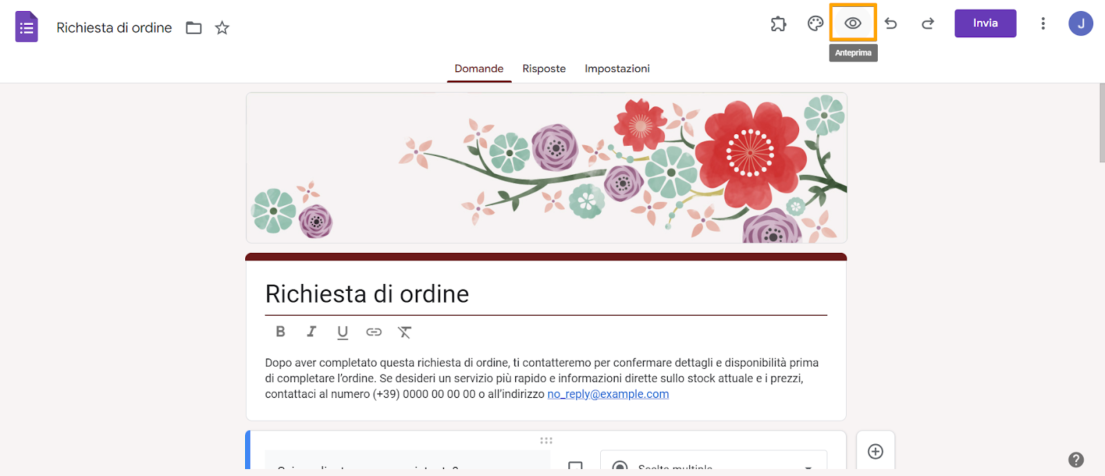 Anteprima del modulo d'ordine