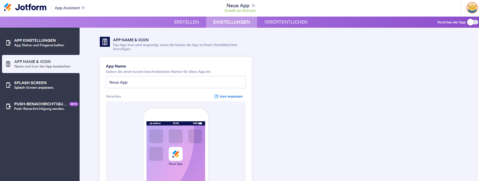 Registerkarte Einstellungen im Jotform App Generator