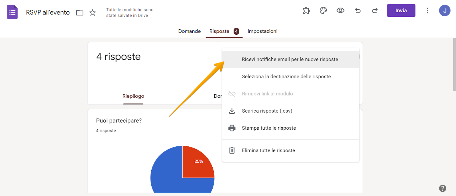 Uno screenshot che mostra un modulo RSVP in Moduli Google