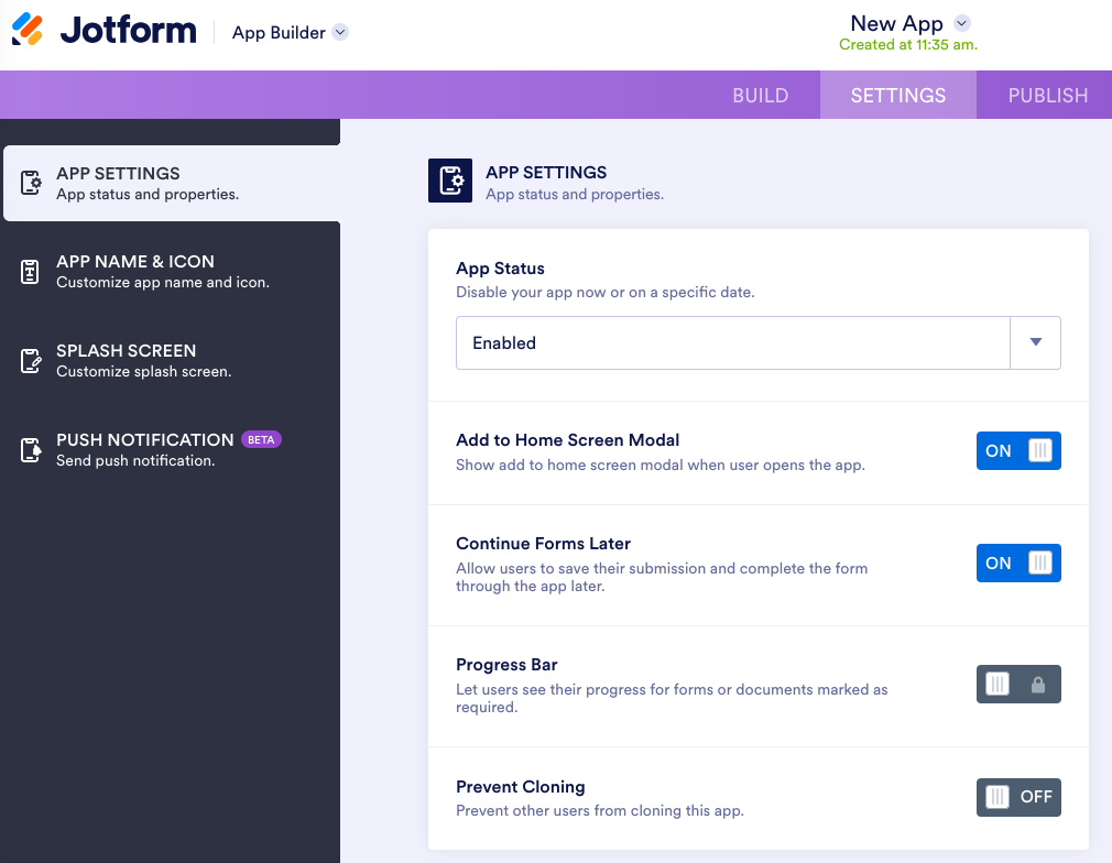 Clicking on the Settings Tab in the Jotform App Builder