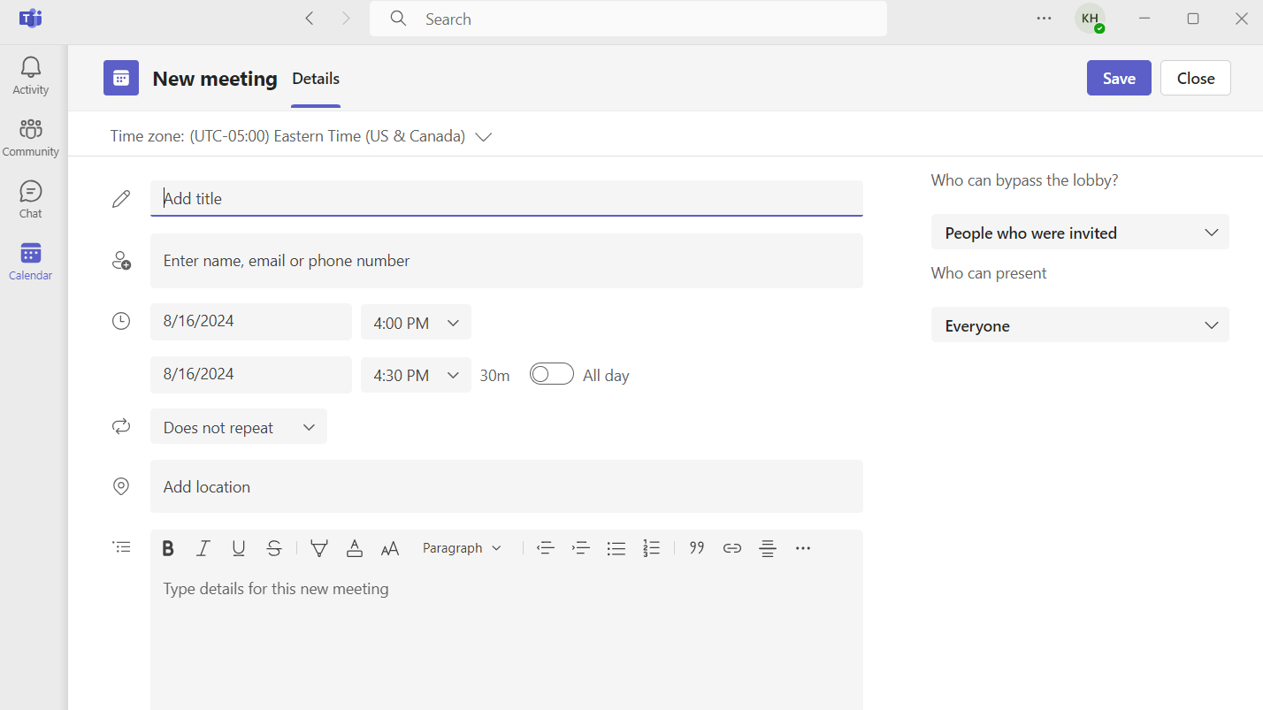 Screenshot of a new meeting window in Microsoft Teams