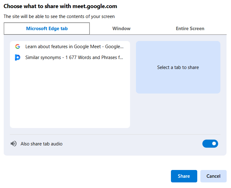 Screenshot of screen share window in Google Meet, with options for sharing the browser tab, window, or whole screen