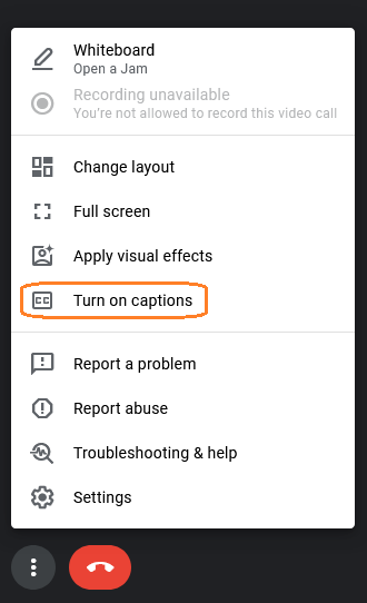 Screenshot of the meeting menu in Google Meet with the Turn on captions option circled