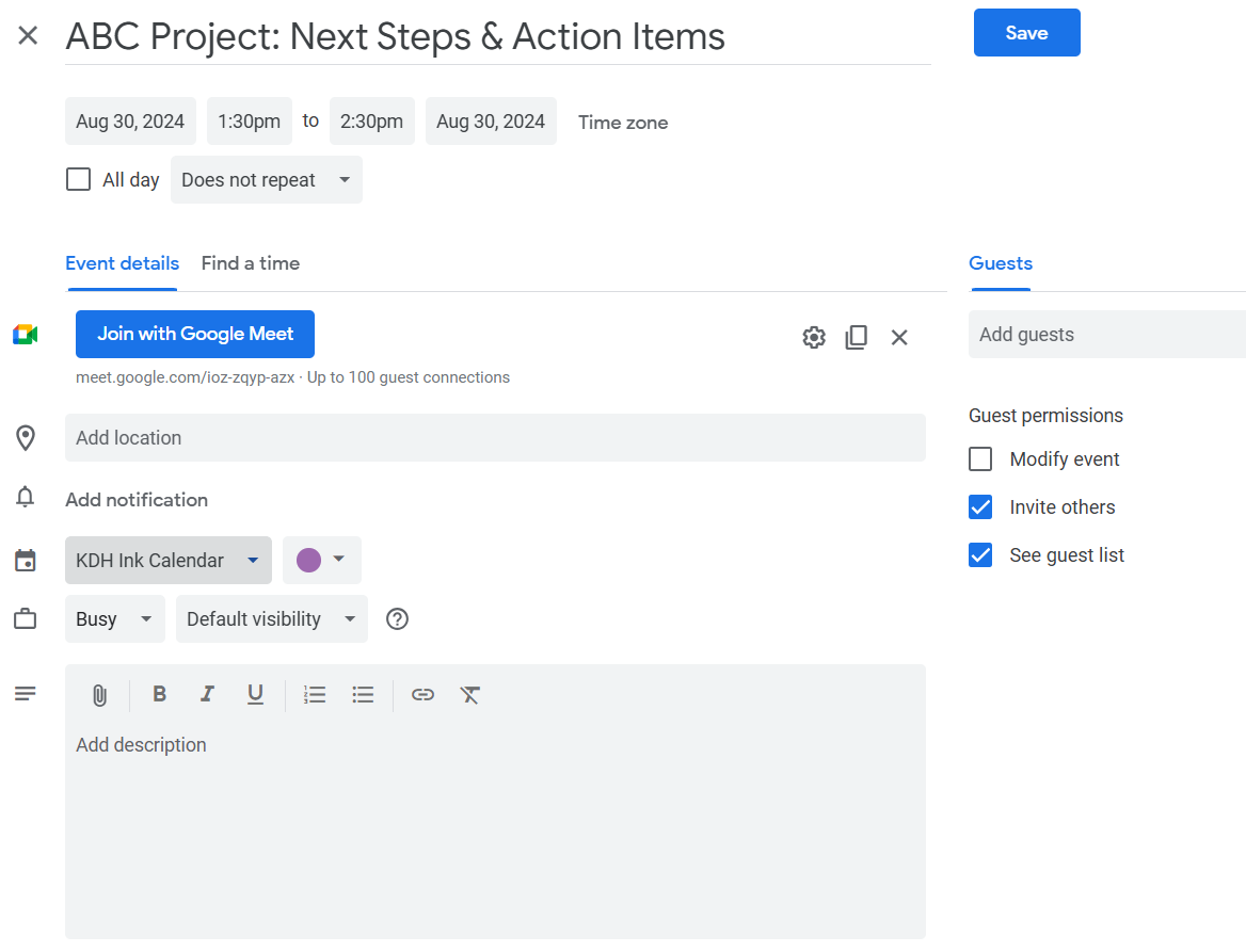 Screenshot of scheduled Google Calendar event with button allowing you to join the event with Google Meet