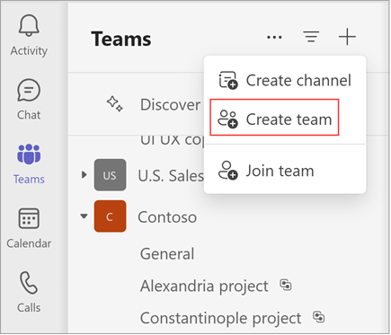 Screenshot of the Create team option highlighted in Microsoft Teams
