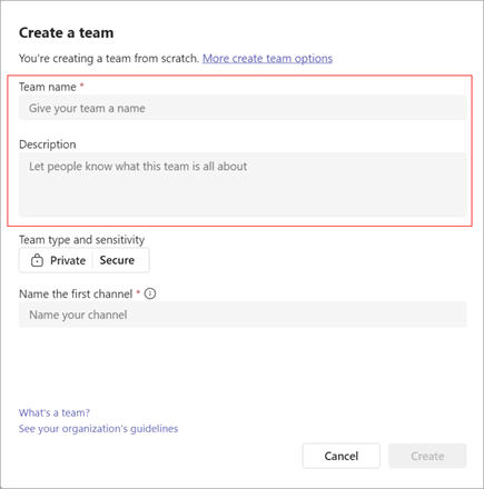 Screenshot of the dialog box to create a new team in Microsoft Teams, with fields for the team name and a description