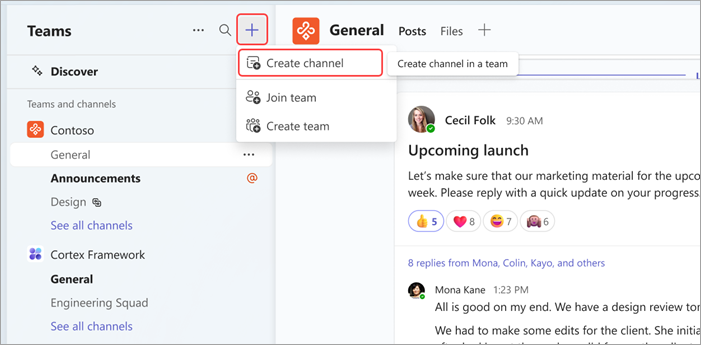 Screenshot showing the Create channel option in Microsoft Teams, in a dropdown menu under the plus sign at the top of the screen