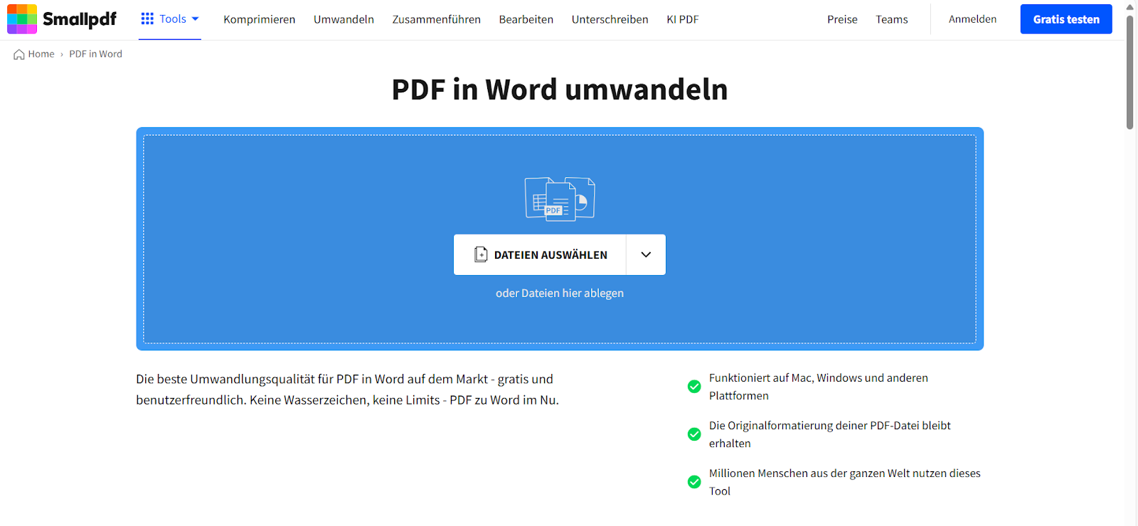 Benutzeroberfläche von Smallpdf