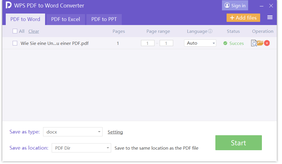 Benutzeroberfläche von WPS PDF to Word Converter (PC)
