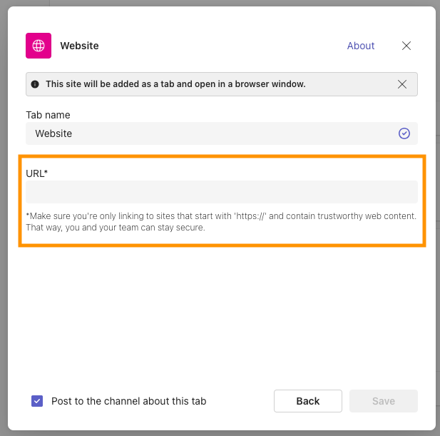 Screenshot of the dialog box in Microsoft Teams for adding a website, with the box to enter a URL highlighted