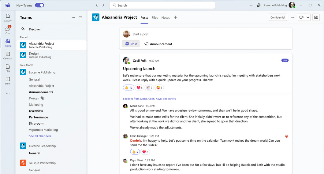 Screenshot of Microsoft Teams interface showing Teams panel with different channels, taken from Microsoft demo article
