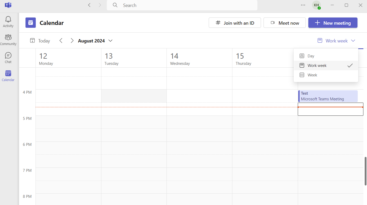 Screenshot of Microsoft Teams Calendar view