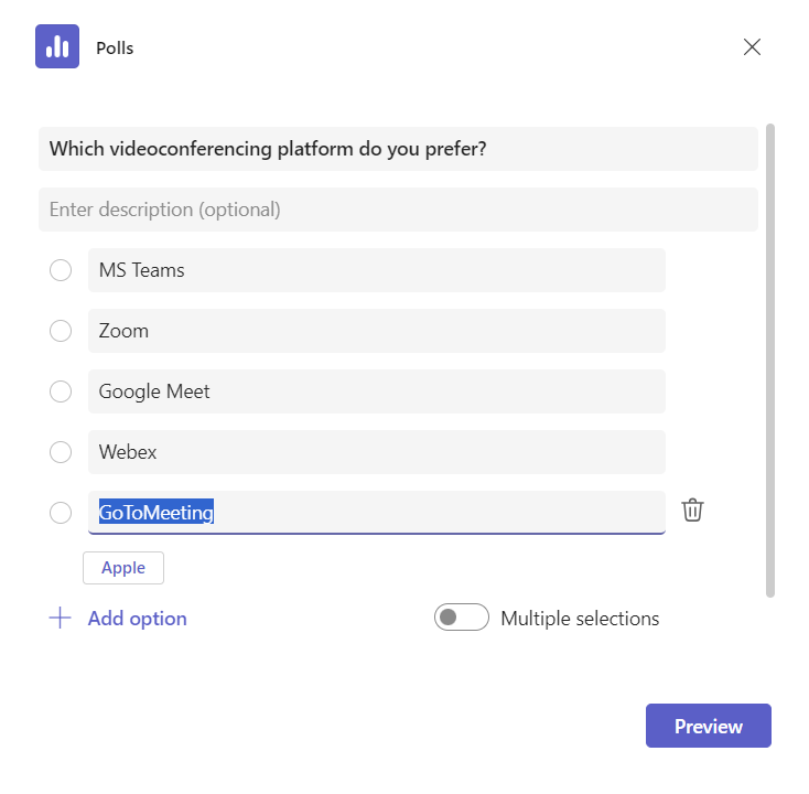 Screenshot of a poll made in Microsoft Teams