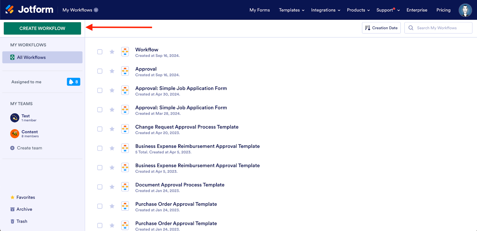 My Workflows Page in Jotform Workflow Builder 