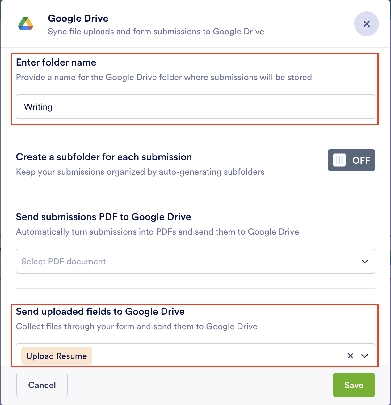 Highlighting the Enter folder name and Send uploaded fields to Google Drive options in Google Drive Integration Window