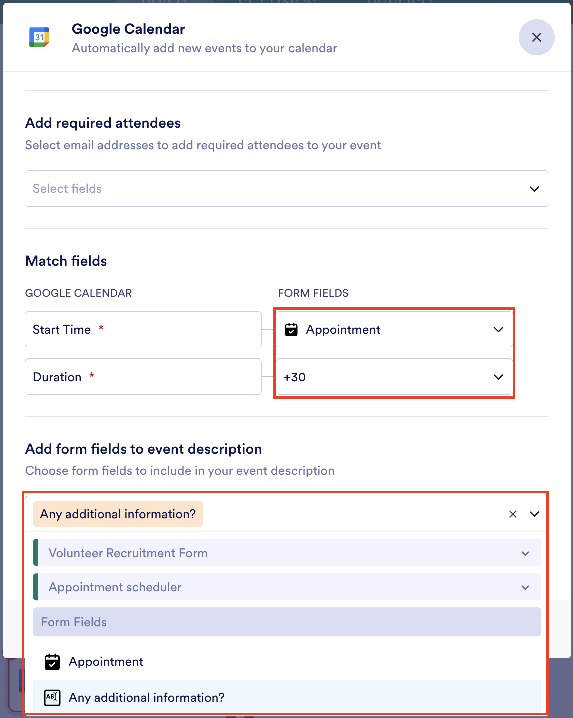 Selecting Form Fields and Adding Form Fields for Event Description in Google Calendar Integration