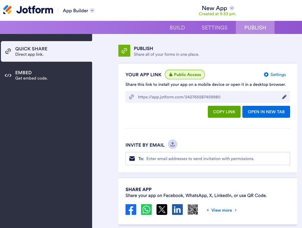 Clicking on the Publish Tab in Jotform App Builder