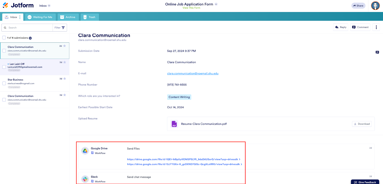 Viewing the Submissions in Jotform Inbox