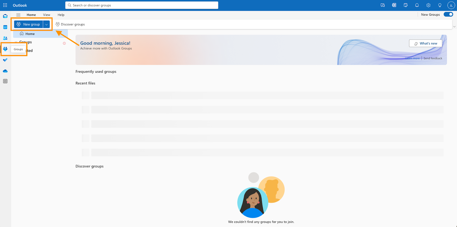 Screenshot of the Groups tab in Microsoft Outlook highlighting the button for adding a new group