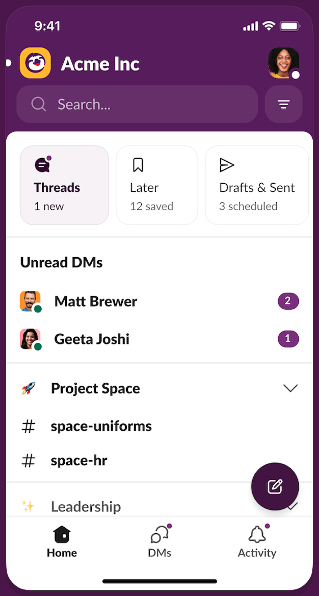 User Interface of Slack on Mobile