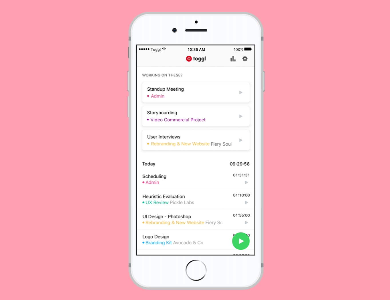 User Interface of Toggl Track