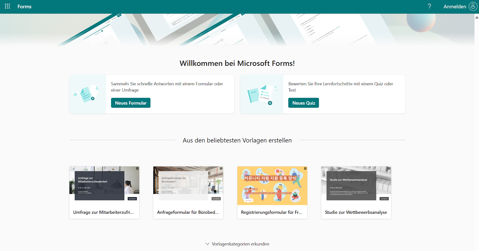 Screenshot der Startseite von Microsoft Forms