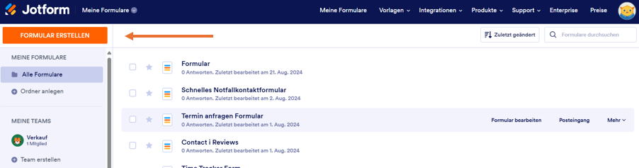 Screenshot der Seite Meine Formulare von Jotform mit einem Pfeil, der auf den Button „Formular erstellen“ zeigt