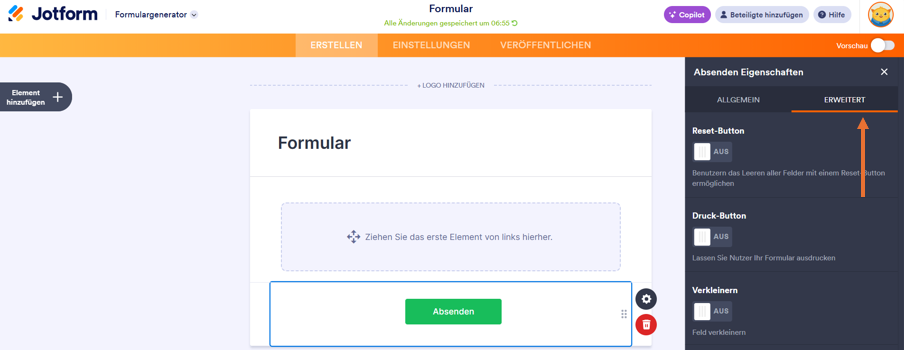 Screenshot des Formulargenerators von Jotform mit einem Pfeil, der auf die Registerkarte „Erweitert“ des Eigenschaftsfensters zeigt
