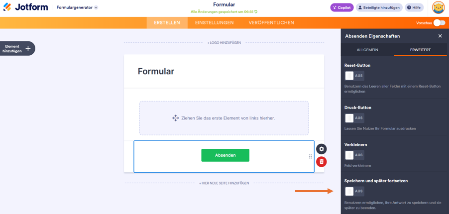 Screenshot des Formulargenerators von Jotform mit einem Pfeil, der auf einen Schalter mit der Überschrift „Speichern und später fortsetzen“ zeigt, und einem Textfeld mit der Aufschrift „Fortschritt speichern“