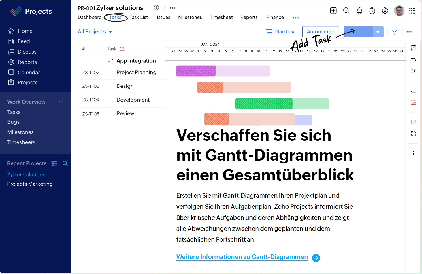 Benutzeroberfläche von Zoho Projects