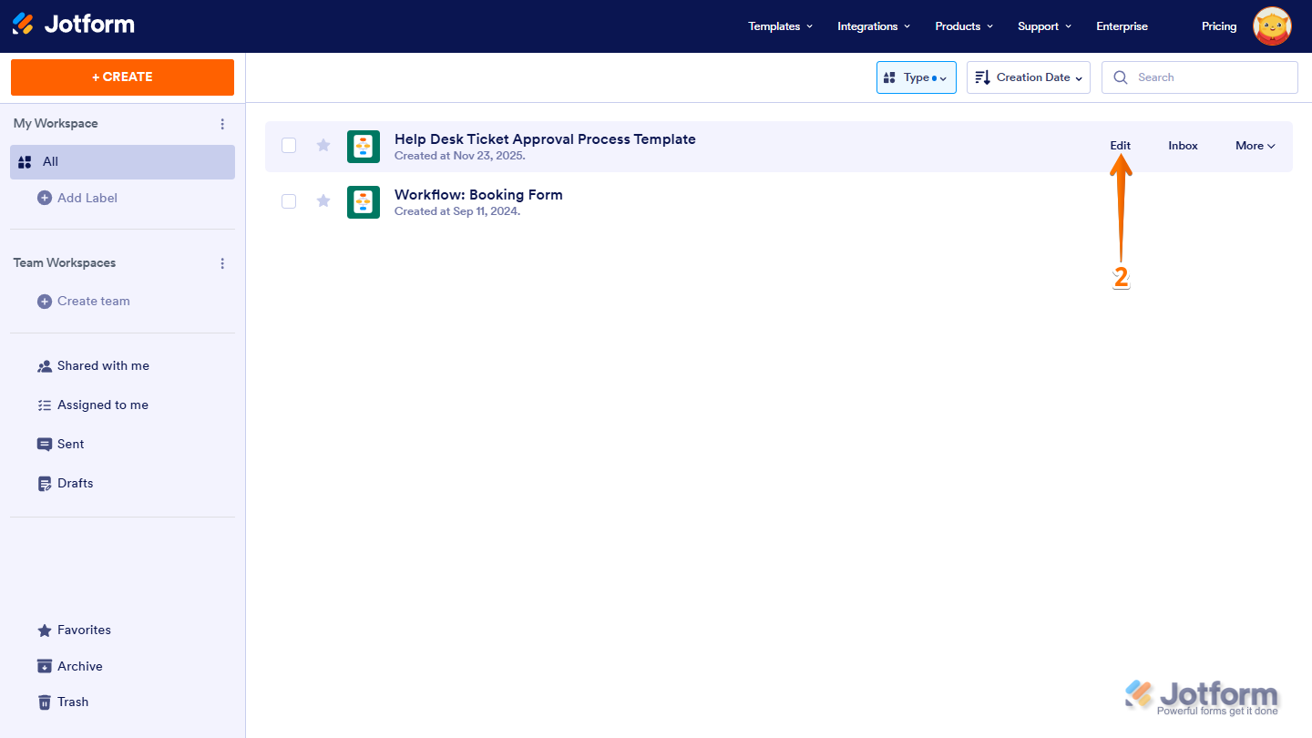 Jotform Workspace page with a workflow highlighted, showing the Edit button on the right side for updating the workflow
