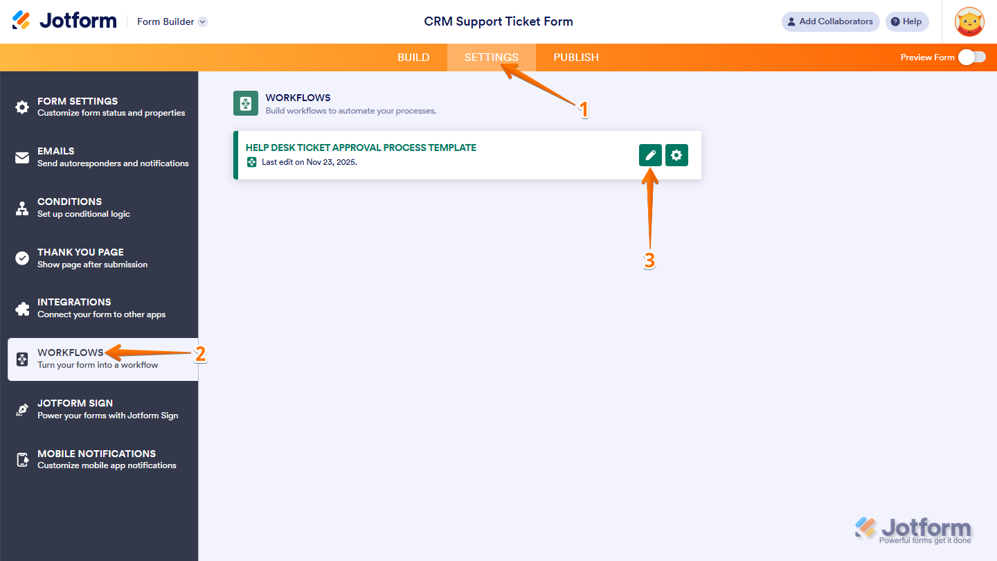 Jotform Form Builder showing the Workflows menu and the edit (pencil) icon