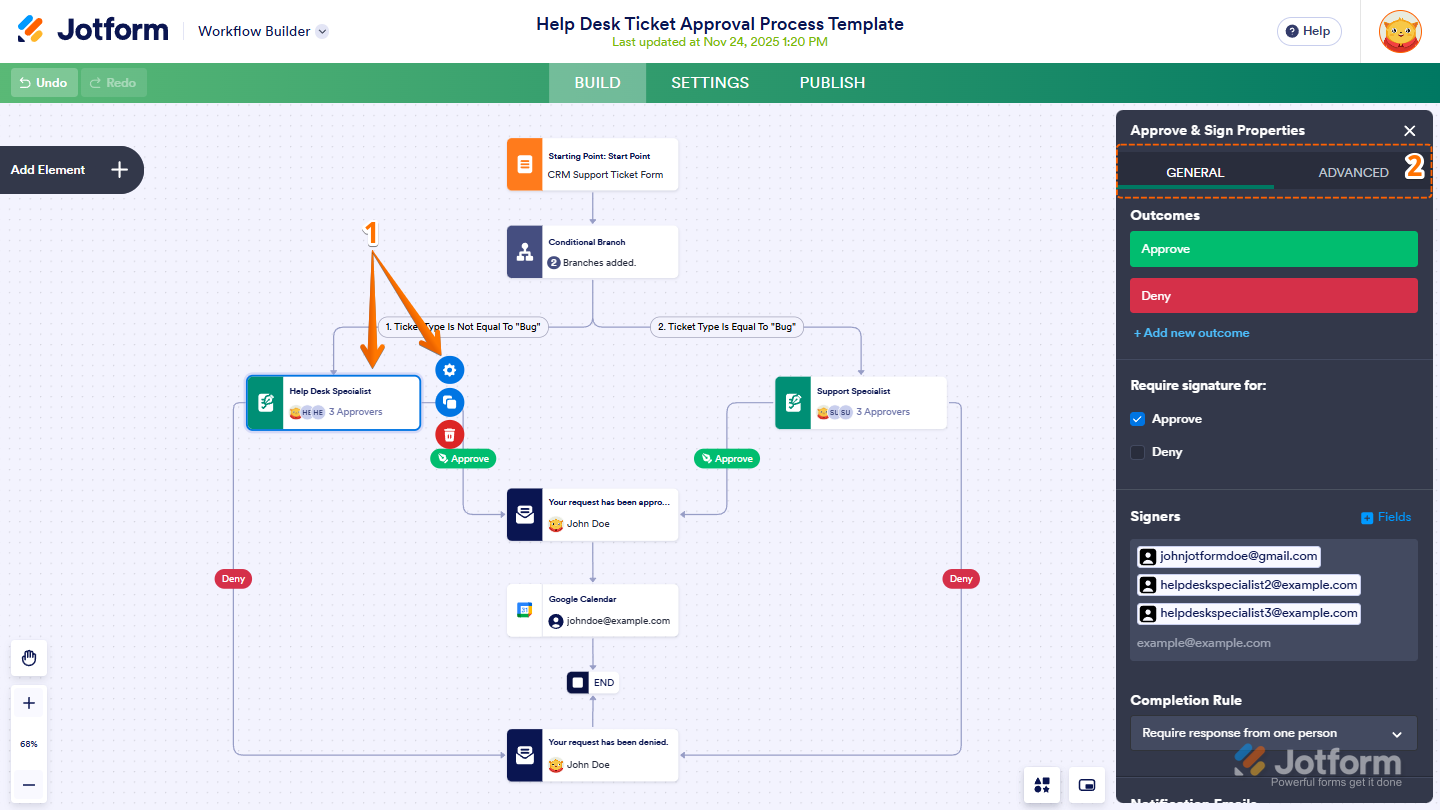 Editing an existing workflow element in Jotform to update settings for email, approval, or other elements